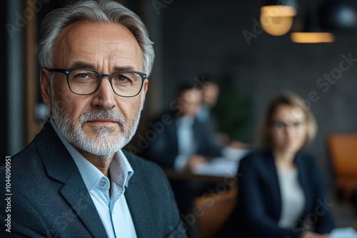 Mature businessman with colleagues in background