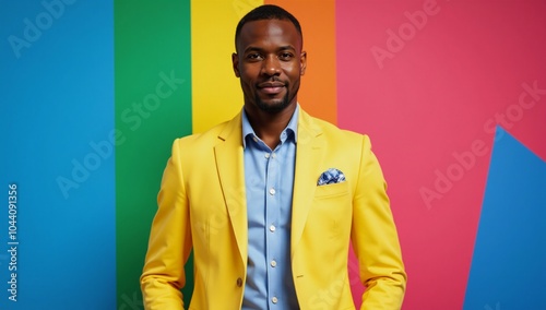 An African-American man stands out in vibrant colors wearing a yellow and blue ensemble against a backdrop of dynamic hues photo