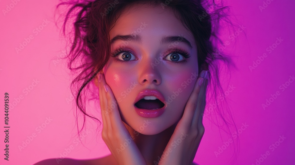 Surprised young woman is posing on a purple background Surprised young woman is posing on a purple background