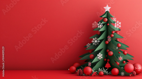 Paper Cut Art Stencil green Christmas Tree with red ornaments on a red background. Copy space for text advertisement.