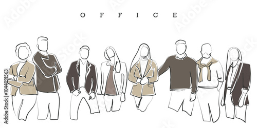 Hand drawn line art vector of people in business and corporate settings. Human fraternity, diversity and cohesion concept. Creative startups.