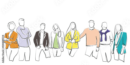 Hand drawn line art vector of people in business and corporate settings. Human fraternity, diversity and cohesion concept. Creative startups.