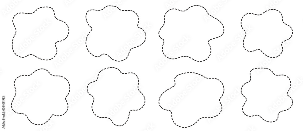Modern flower irregular shape with a dotted line. Set of simple frames in form flowers. Vector Abstract shape. Irregulars organic blots.