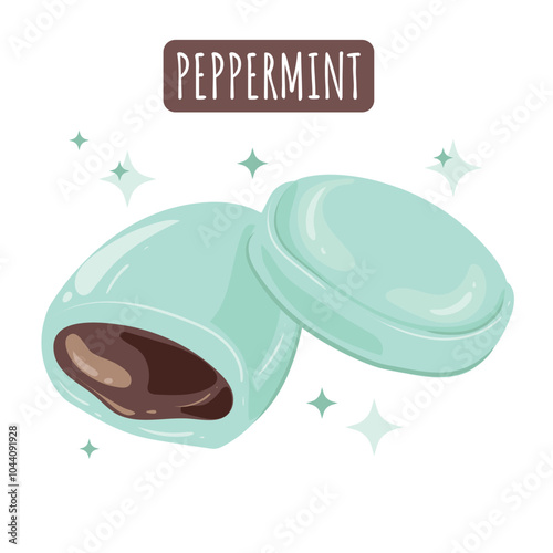 Peppermint candy with chocolate. Menthol candies with chocolate filling. Vector image of caramel with cocoa.