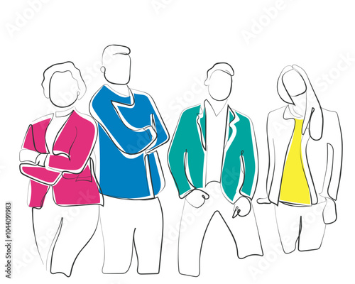 Hand drawn line art vector of people in business and corporate settings. Human fraternity, diversity and cohesion concept. Creative startups.