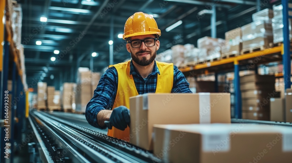 Warehouse worker in safety gear happily sorting packages on a conveyor belt Warehouse worker in safety gear happily sorting packages on a conveyor belt