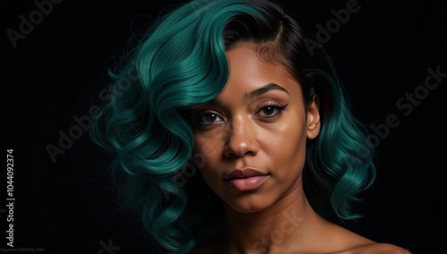 Close-up portrait of an African American woman with aquatic hairstyle on black backdrop striking makeup and lighting evoke glamour AquaBlue Hair Glamorous Portrait