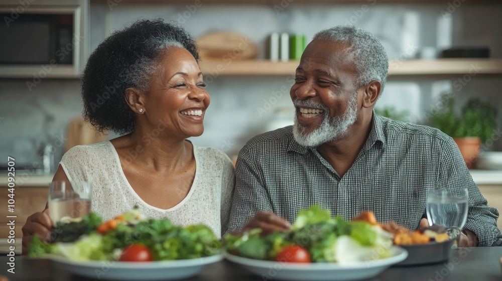 Elderly couple happily posing behind a table of nutritious food in their kitchen Elderly couple happily posing behind a table of nutritious food in their kitchen