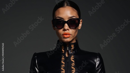 African American model in fashionable black attire with bold orange lipstick oversized 70s-style sunglasses and a serious expression - retro color palette photo