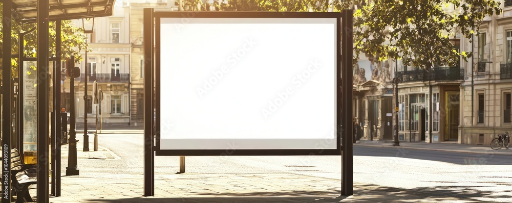 Vertical blank white billboard mockup at a bus stop on sunny street background Vertical blank white billboard mockup at a bus stop on sunny street background