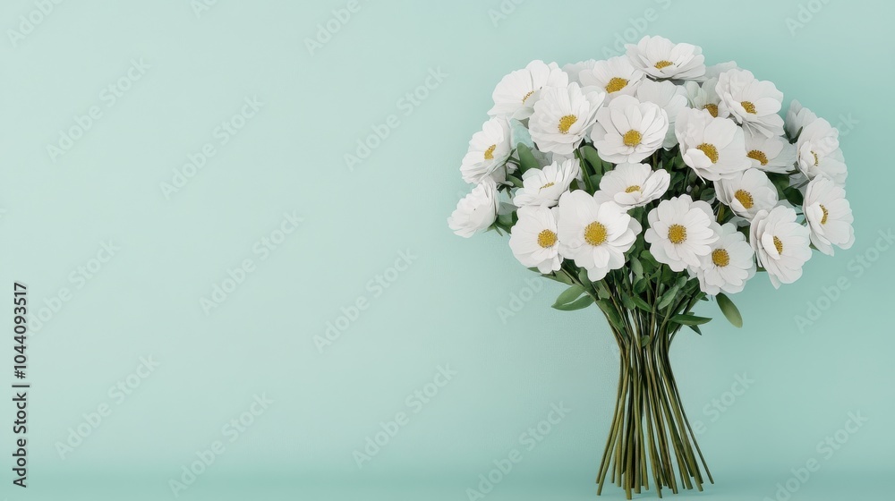 Elegant White Cosmos Bouquet on Mint Background Elegant White Cosmos Bouquet on Mint Background