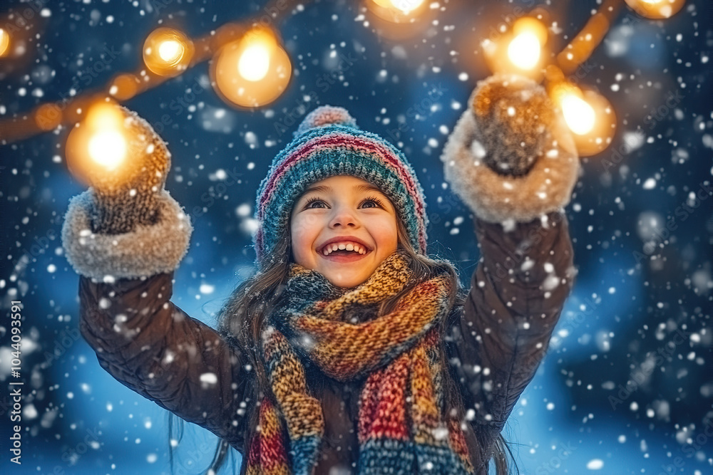 Joyful Little Girl in Winter Wonderland with Festive Lights and Snowfall Joyful Little Girl in Winter Wonderland with Festive Lights and Snowfall