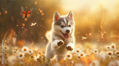 Playful Husky Puppy in a Flower Garden, Adorable dog frolicking amidst blossoms, butterflies fluttering, whimsical and vibrant scene perfect for greeting cards and wallpapers