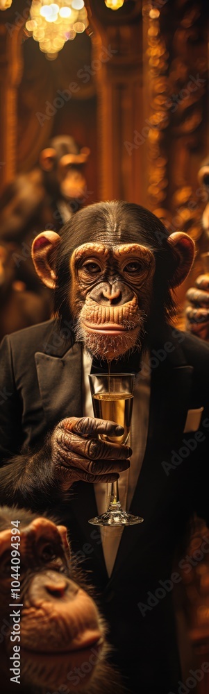 Monkey in a suit holding a glass of wine, animal background Monkey in a suit holding a glass of wine, animal background