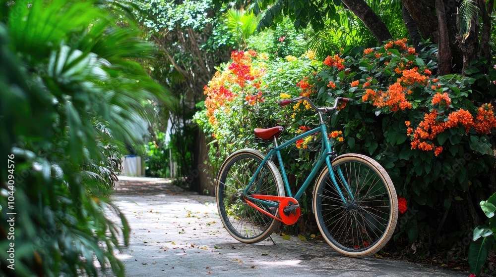 Colorful Bicycle in Serene Garden Pathway Colorful Bicycle in Serene Garden Pathway