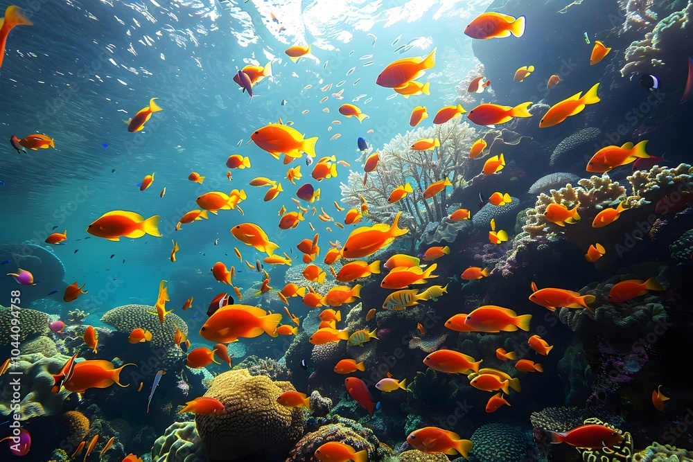 Fototapeta premium Vibrant Underwater Scene with Schools of Orange Fish and Colorful Coral Reefs
