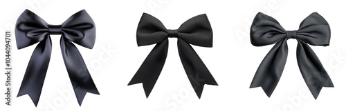 Black Ribbon Bow collection isolated on transparent background, PNG. Clipart template 