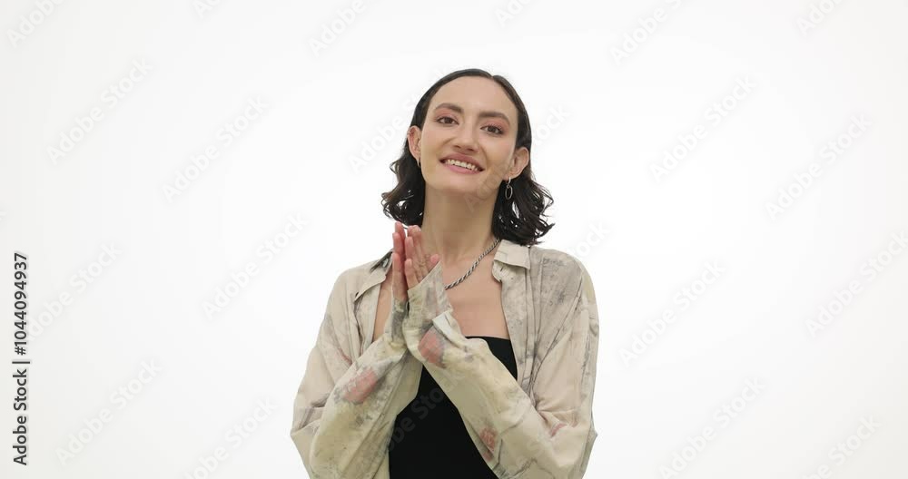 Cheerful woman smiles and claps hands with excitement. Charming brunette female radiates contagious sense of positivity and joy slow motion Cheerful woman smiles and claps hands with excitement. Charming brunette female radiates contagious sense of positivity and joy slow motion