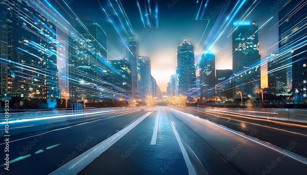 Naklejka premium futuristic interfaces of the modern city inside; abstract blurred lights background