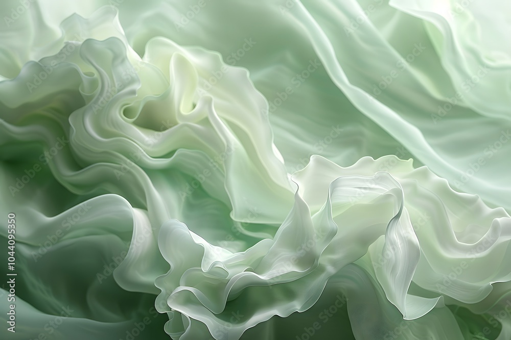 Ethereal Green Silk Fabric with Flowing Ruffles and Soft Textures Ethereal Green Silk Fabric with Flowing Ruffles and Soft Textures