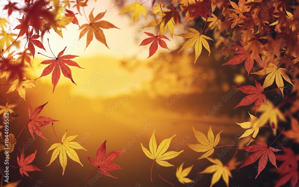 Autumn leaves falling against a golden sunset. Autumn leaves falling against a golden sunset.
