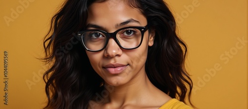 A young African American woman with glasses poses relaxed yet serious in simple portrait