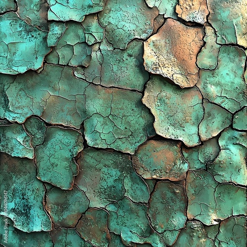 Close-up of an aged turquoise surface, featuring intricate cracks and textures that evoke a sense of history and uniqueness. photo