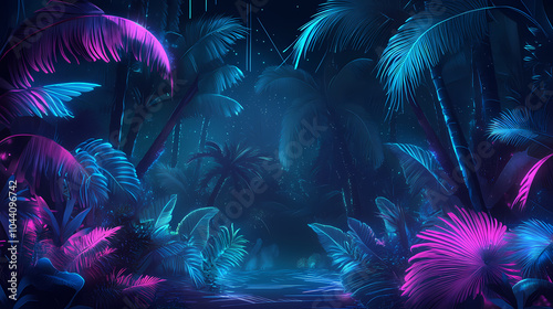 Dark jungle with neon lines and palm leaves night scene. Neon Cyber Jungle. Illustration photo