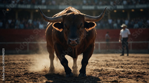 Strong bull in a bullfight arena preparing for a challenge in traditional setting photo