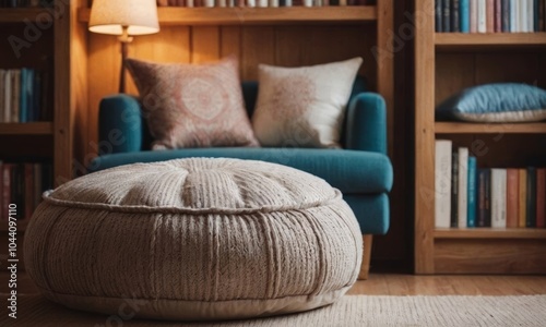 Cozy reading nook with a soft cushion, blanket, and bookshelf by a warm candlelight