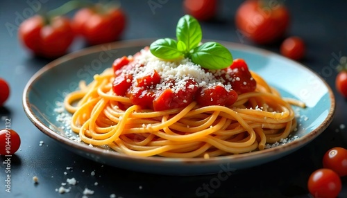 Plate of spaghetti with tomato sauce, basil leaves, and grated parmesan cheese on a dark background