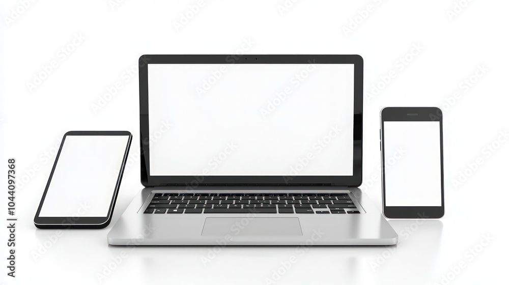 Fototapeta premium Modern laptop and smartphone mockup, blank screens on white background, isolated