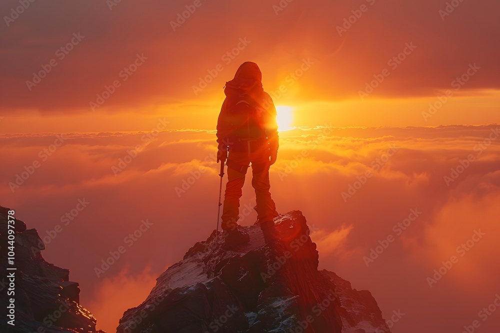 Obraz premium Majestic Sunrise Over the Clouds: A Solo Climber's Triumph