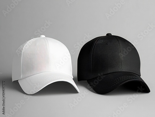 White and black baseball caps mockup, front view on grey background