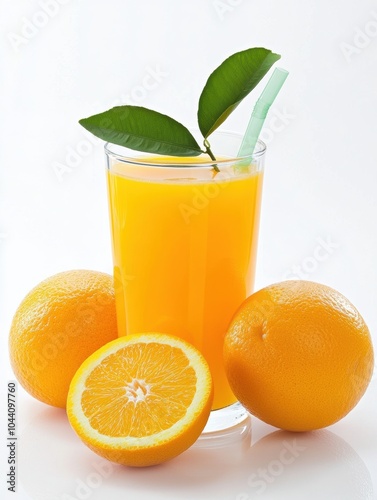 A glass of vibrant orange juice sits beside whole oranges, showcasing their freshness with a green straw and leaf garnish. Generative AI