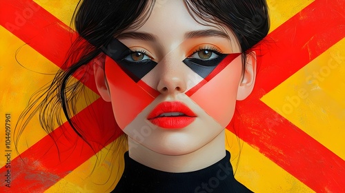 A striking portrait of a young Caucasian woman with bold face paint and vibrant colors, showcasing an artistic expression against a dynamic yellow background. photo