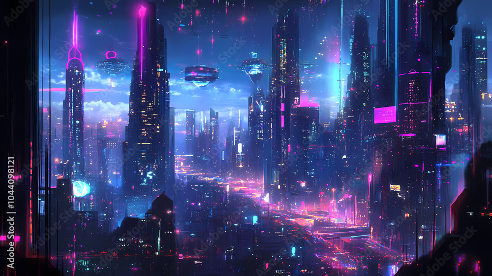 Fototapeta premium Digital cityscape powered by quantum technology, digital transformation, smart cities of the future. Quantum Cityscape. Illustration