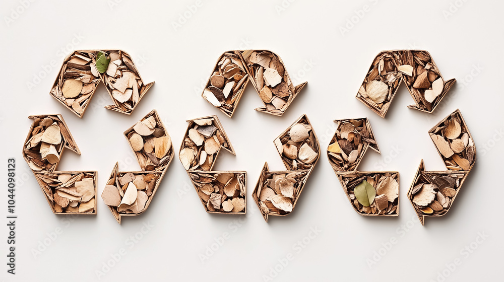 Recycling symbols composed of natural materials are arranged creatively, showcasing an eco-friendly design approach Recycling symbols composed of natural materials are arranged creatively, showcasing an eco-friendly design approach