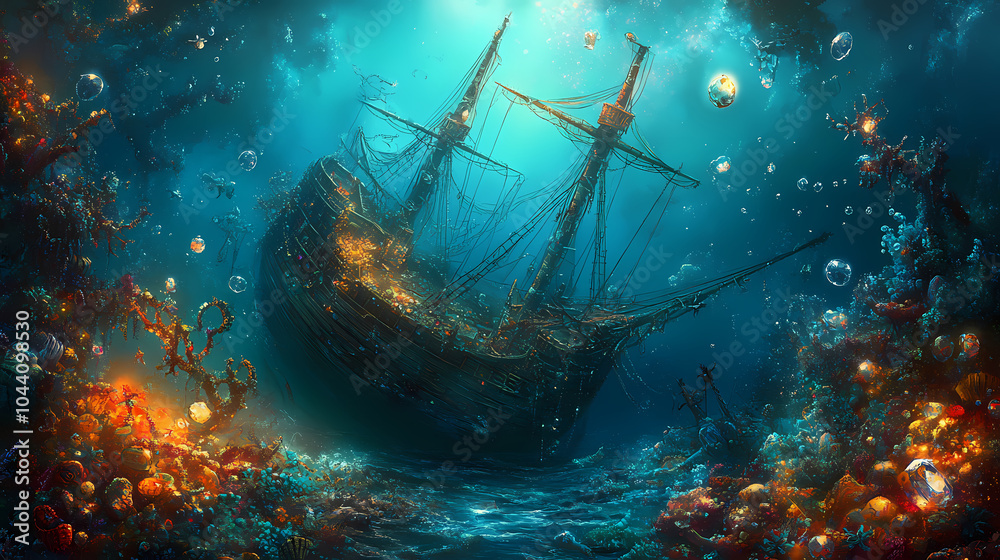 Fototapeta premium Discover the hidden treasures of a mystical shipwreck entangled in the vibrant depths of the ocean's sparkling gems and secrets. Mystical Shipwreck. Illustration