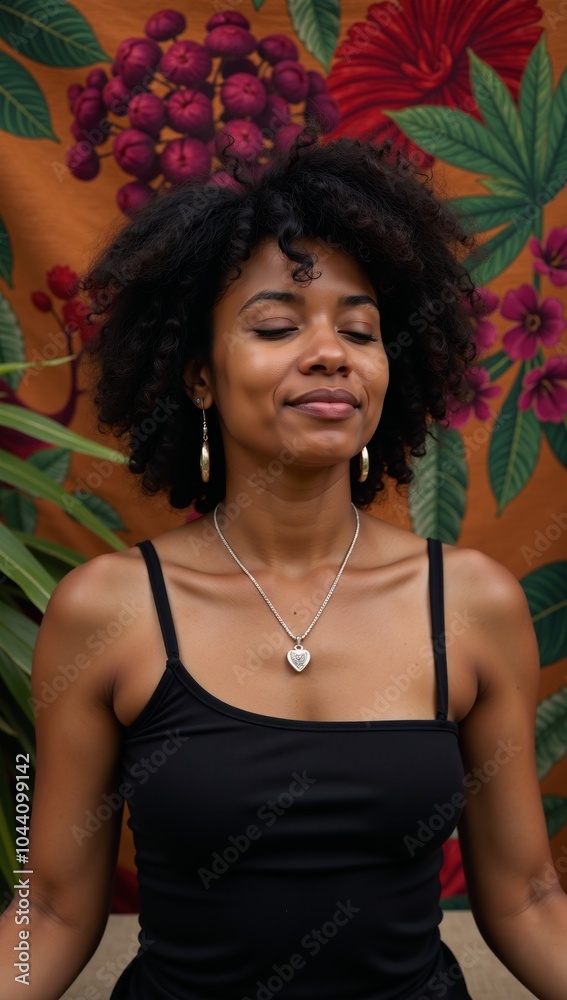 Fototapeta premium Serene Black Woman Meditating with Afro Hair Wearing Jewelry on Bohemian Tapestry Background