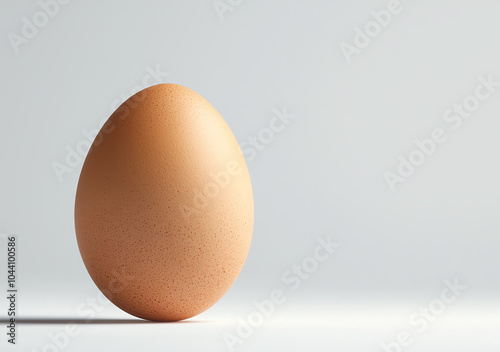 A single brown egg standing upright on a plain surface with a minimalist gray background, perfect for concepts of simplicity and nutrition. photo