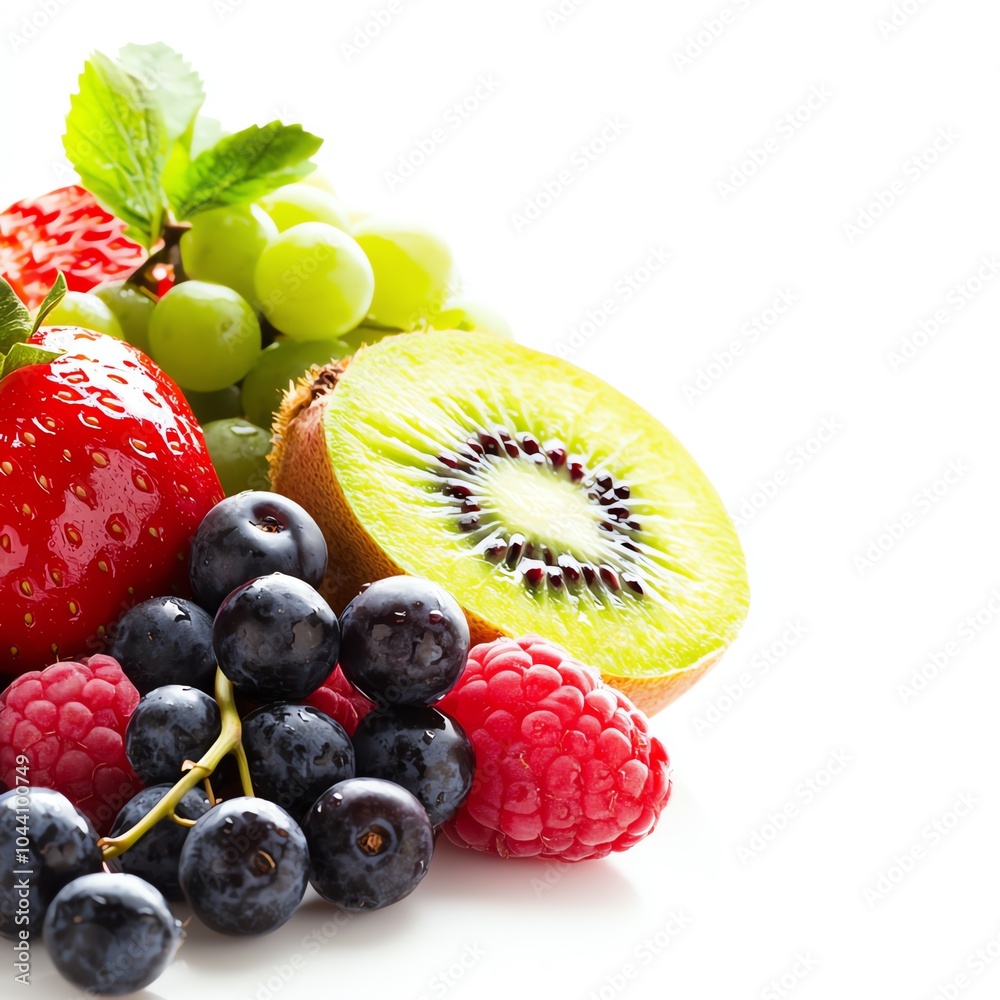 A vibrant assortment of fresh fruits including kiwi, strawberry, grape, raspberry, and blueberry on a white background. Perfect for healthy eating. A vibrant assortment of fresh fruits including kiwi, strawberry, grape, raspberry, and blueberry on a white background. Perfect for healthy eating.