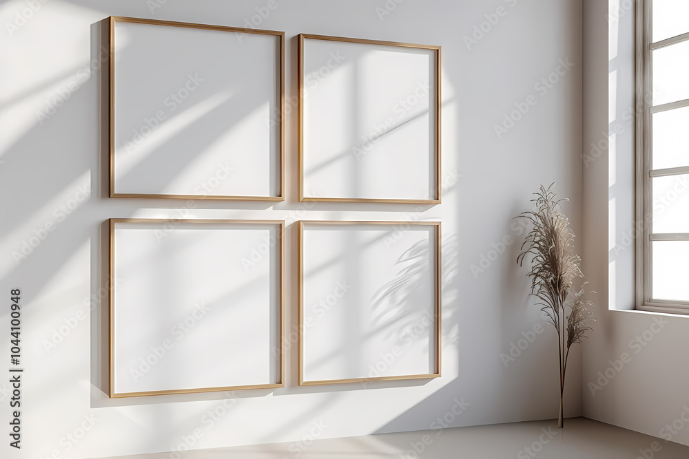 Bright and modern interior featuring four empty wooden frames against a sunlit wall, creating a peaceful atmosphere ideal for artwork display.