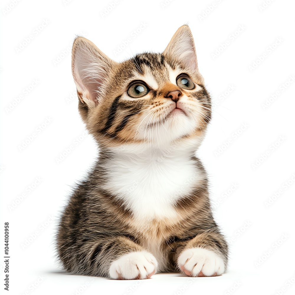 Obraz premium Adorable tabby kitten with curious eyes sitting on white background, perfect for pet-themed projects or animal lovers.