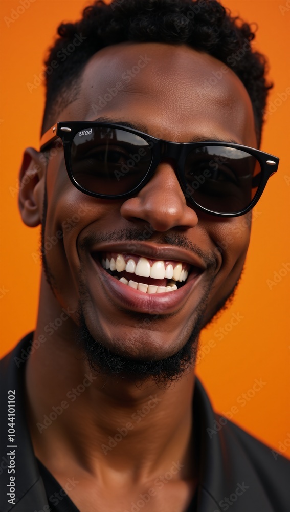 Close-up portrait of a young African American man with sunglasses on an orange backdrop Close-up portrait of a young African American man with sunglasses on an orange backdrop
