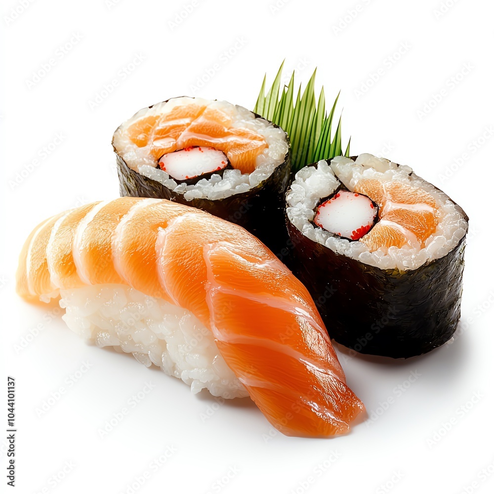 Assorted sushi rolls and nigiri with fresh salmon, rice, and nori seaweed garnished with greenery. Perfect for Asian cuisine themes. Assorted sushi rolls and nigiri with fresh salmon, rice, and nori seaweed garnished with greenery. Perfect for Asian cuisine themes.