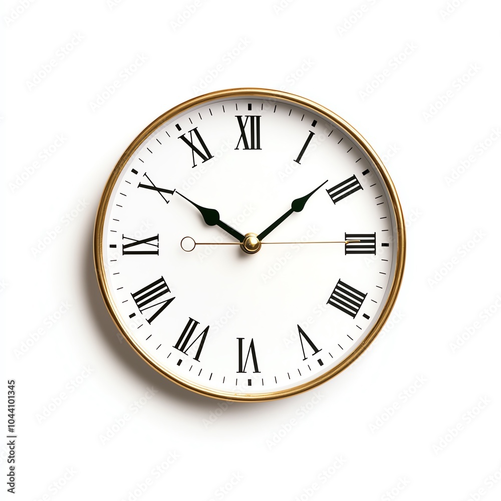 Classic wall clock with Roman numerals and elegant gold rim on a white background, symbolizing timeless elegance and vintage style. Classic wall clock with Roman numerals and elegant gold rim on a white background, symbolizing timeless elegance and vintage style.