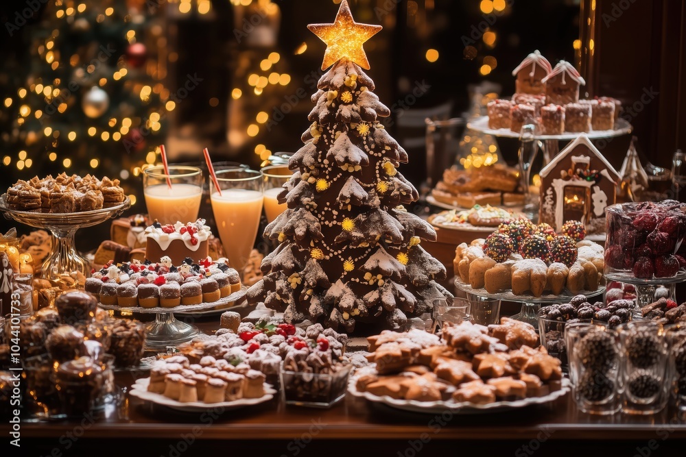 Chocolate Christmas tree on a lavish holiday dessert buffet Chocolate Christmas tree on a lavish holiday dessert buffet
