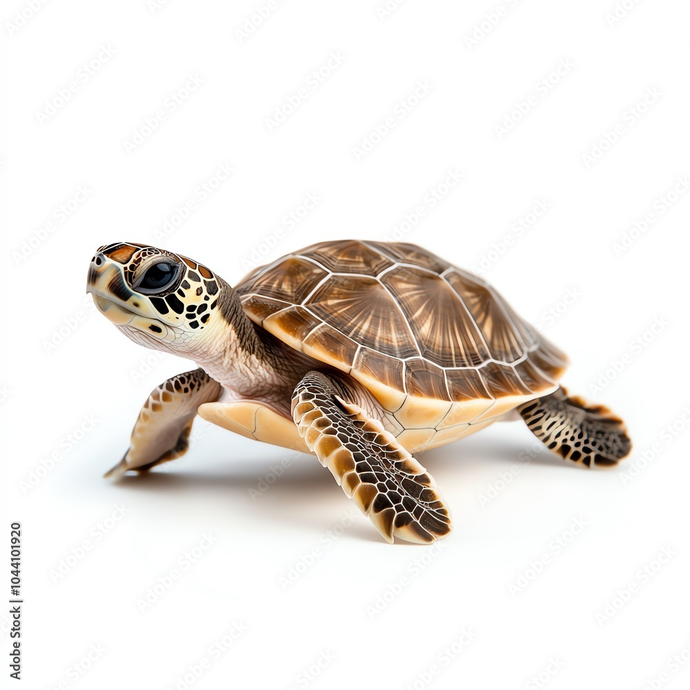 Obraz premium Close-up of a young sea turtle isolated on a white background, capturing its natural beauty and intricate shell patterns.