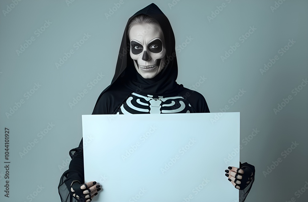 Girl in Skeleton Costume Holding White Sheet in Hands, Halloween, Empty Space, Gray Plain Background, Black Hood, empty space for text Girl in Skeleton Costume Holding White Sheet in Hands, Halloween, Empty Space, Gray Plain Background, Black Hood, empty space for text